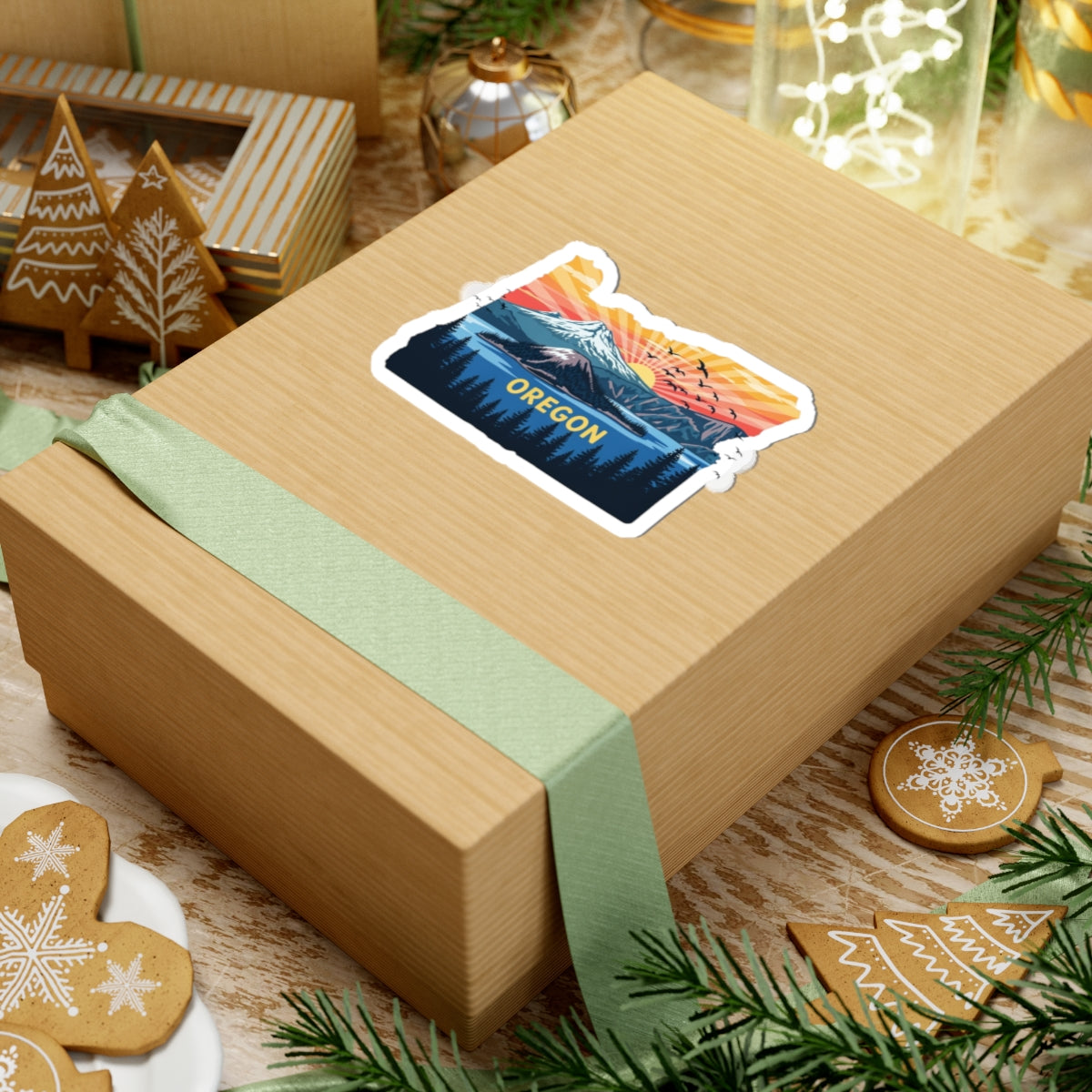 Peaks of Oregon Sticker | Oregon State Outline with Mt. Hood, Sunrise Sky, and Pine Forest – Vibrant PNW Wilderness Vinyl Sticker