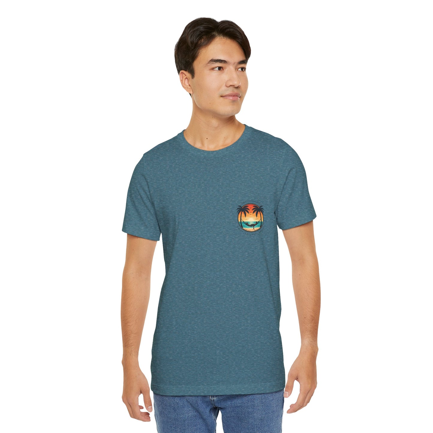 Sunset Surfer Tee | Retro Surf Silhouette with Bold Sunset Stripes - Beach Vibes Graphic Tee (BC3001)