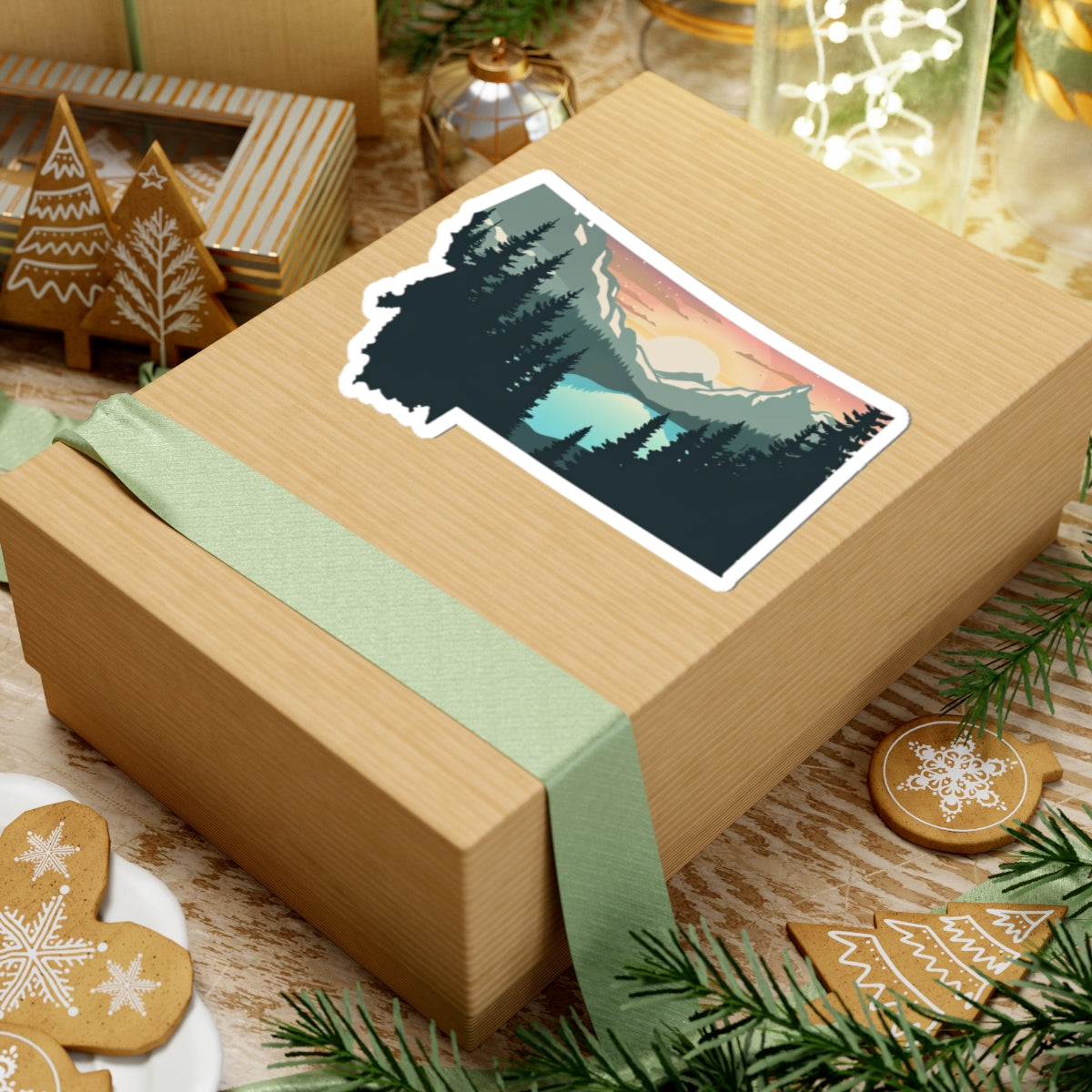 Montana Sunrise Sticker | Scenic Mountain Lake Through Forest Silhouette – Tranquil Wilderness State Vinyl Sticker