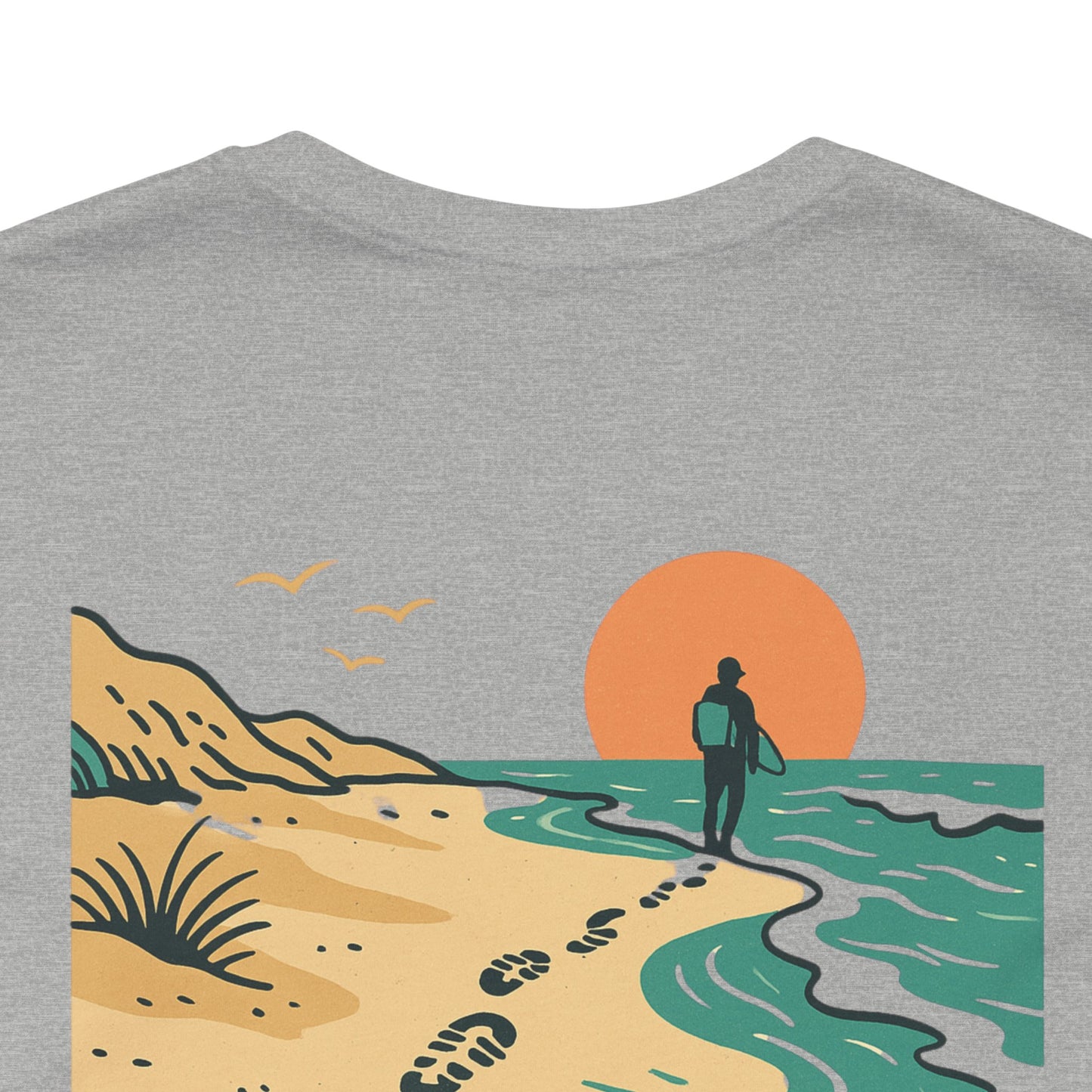 Tidewalker Tee | Coastal Trail Footprints Along Sunset Shore - Beach Walk Graphic Back Tee with Front Crest Patch (BC3001)