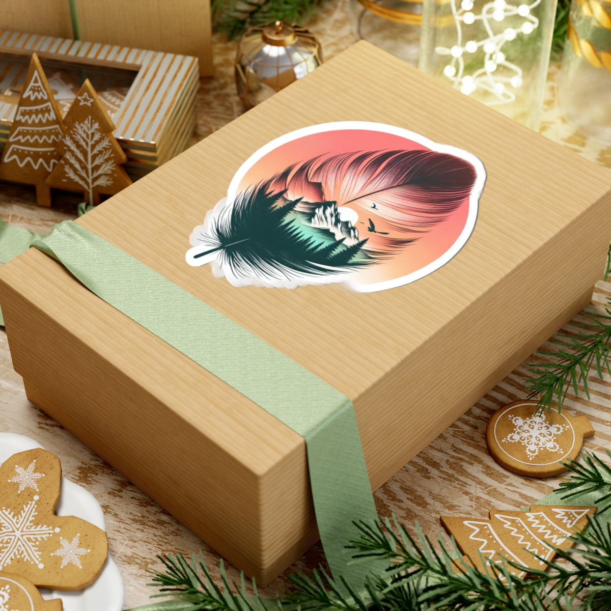 Feathered Wild Sticker | Dreamy Mountain Landscape Inside Feather with Sunset Glow – Nature-Inspired Vinyl Sticker