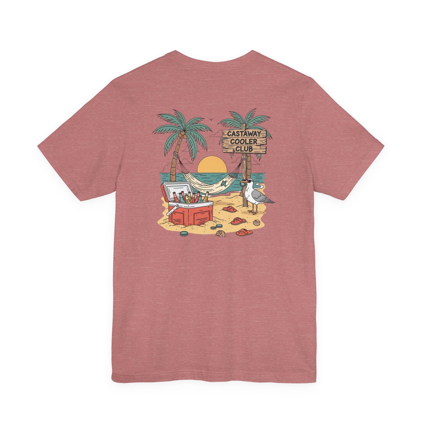 Castaway Cooler Club Tee | Beach Hammock Scene with Palm Trees, Ice Chest, and Sunset - Tropical Island Party Graphic Back Tee (BC3001)