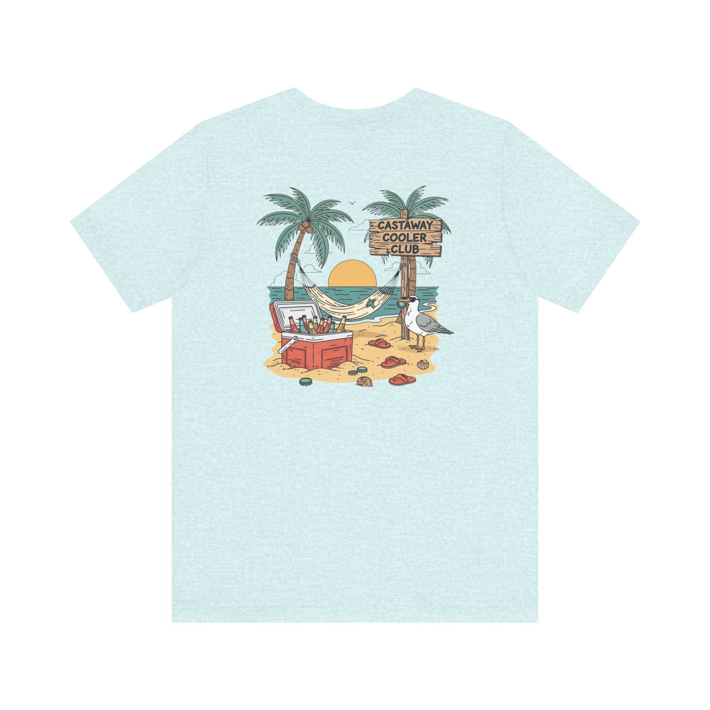Castaway Cooler Club Tee | Beach Hammock Scene with Palm Trees, Ice Chest, and Sunset - Tropical Island Party Graphic Back Tee (BC3001)