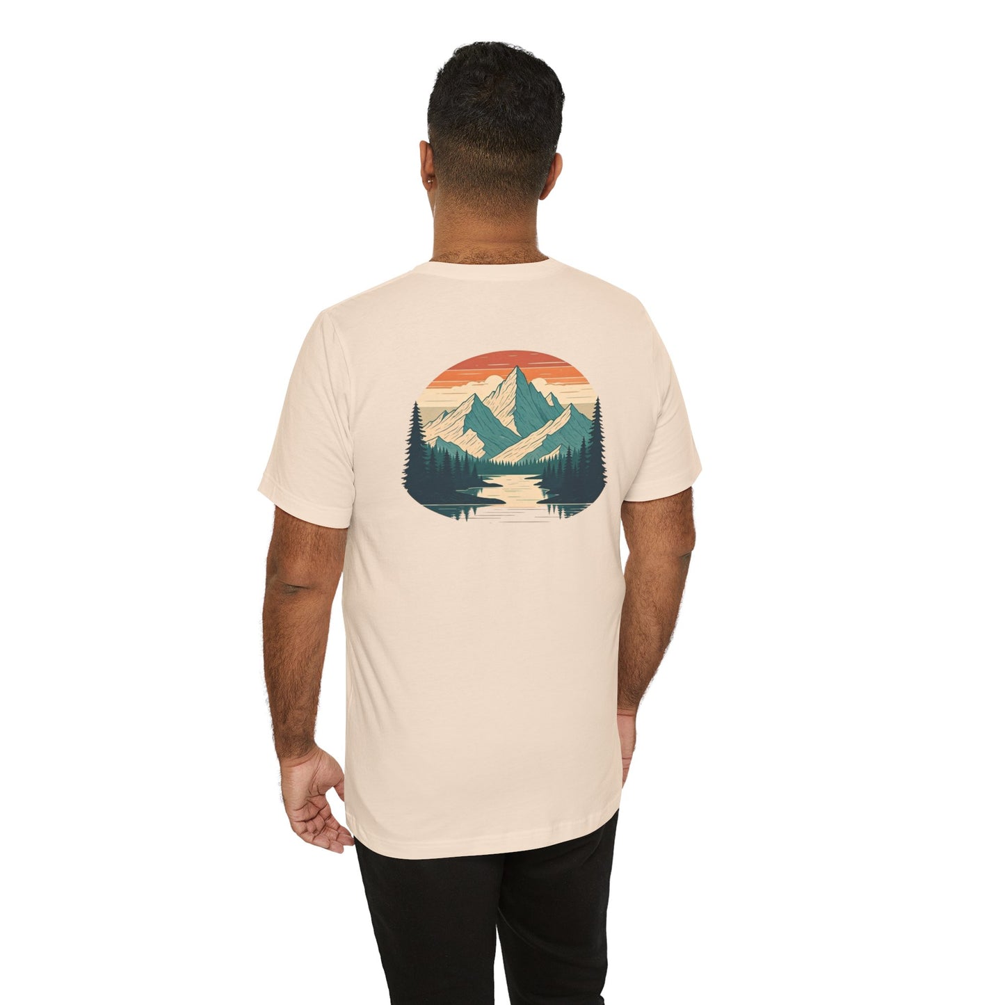 Mountain Horizon Tee | Bold Wilderness Scene with Sunset Peaks and Pine Reflection - Adventure Graphic Shirt (BC3001)