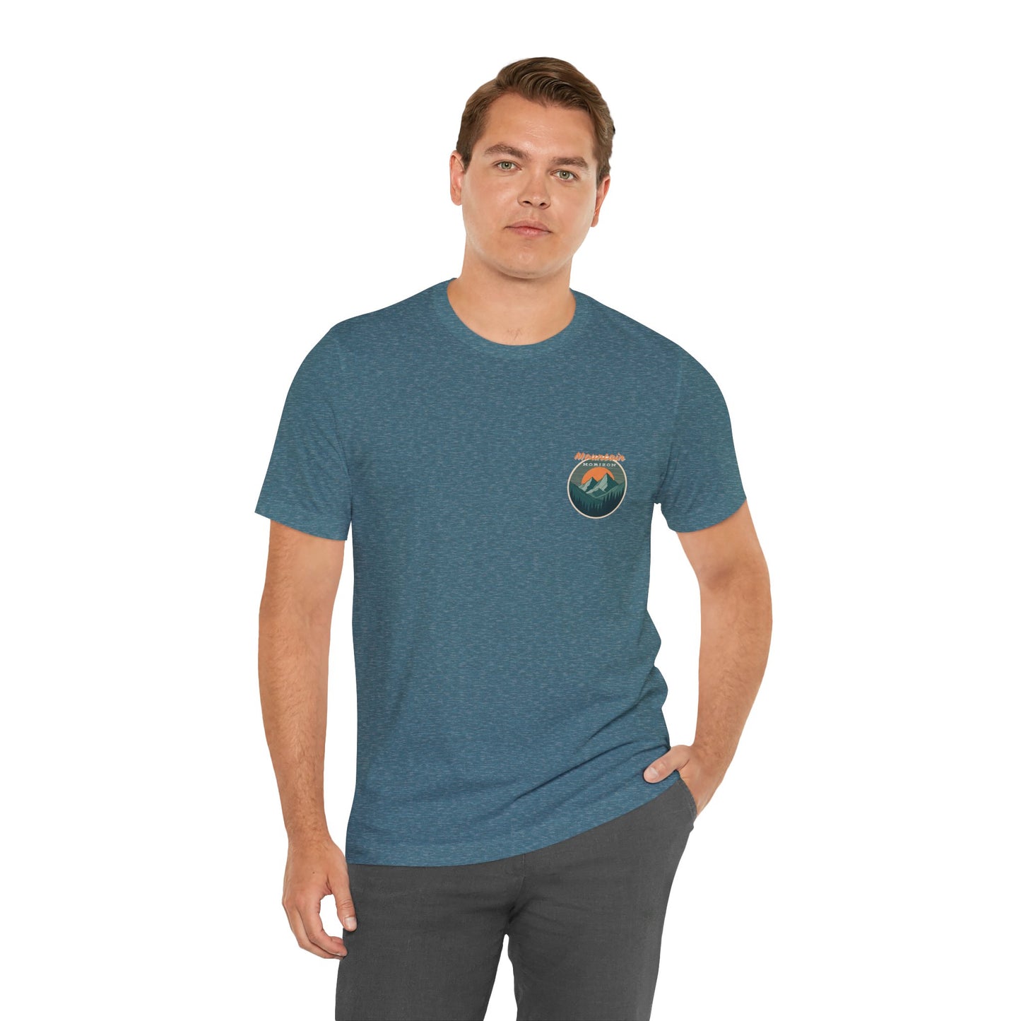 Mountain Horizon Tee | Bold Wilderness Scene with Sunset Peaks and Pine Reflection - Adventure Graphic Shirt (BC3001)
