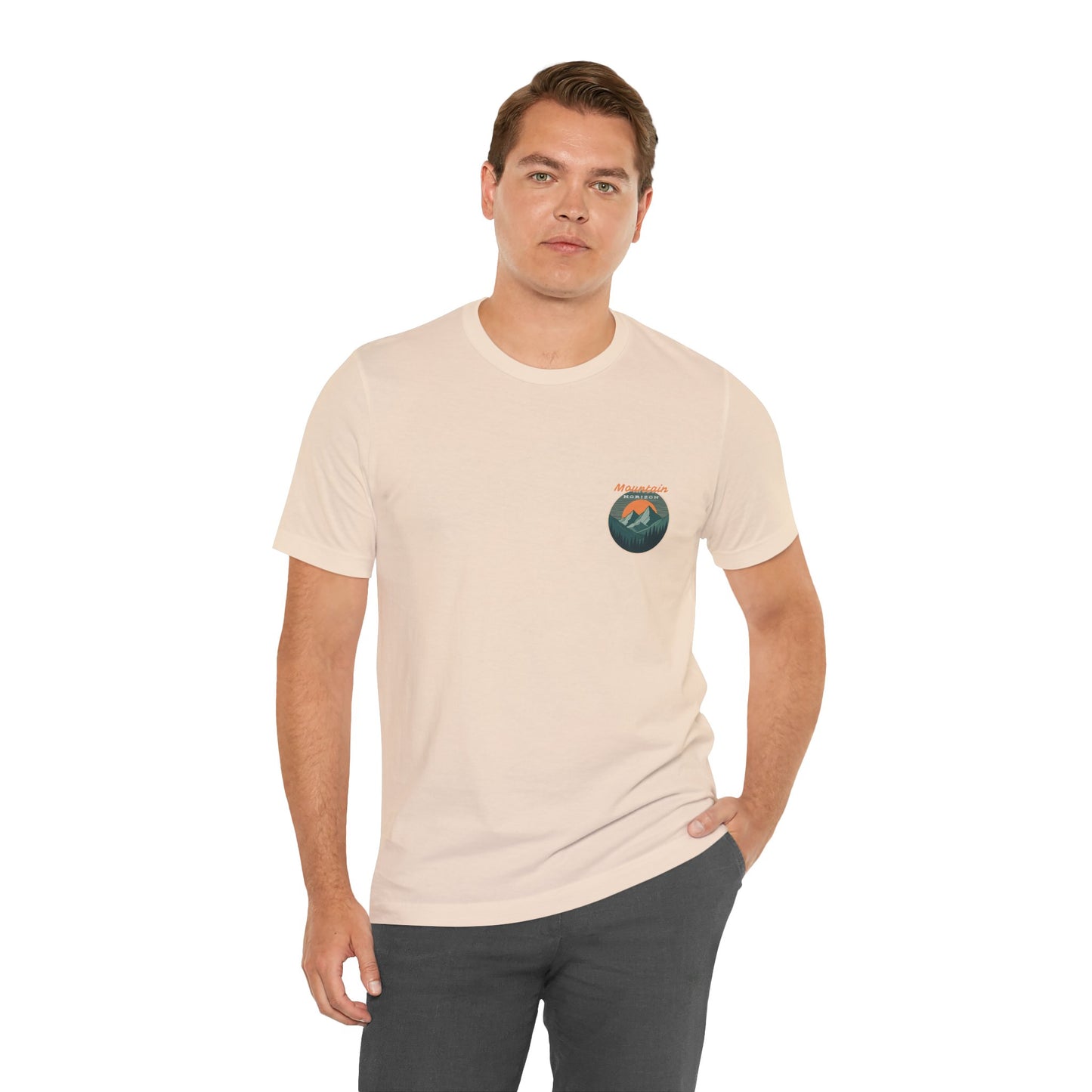 Mountain Horizon Tee | Bold Wilderness Scene with Sunset Peaks and Pine Reflection - Adventure Graphic Shirt (BC3001)