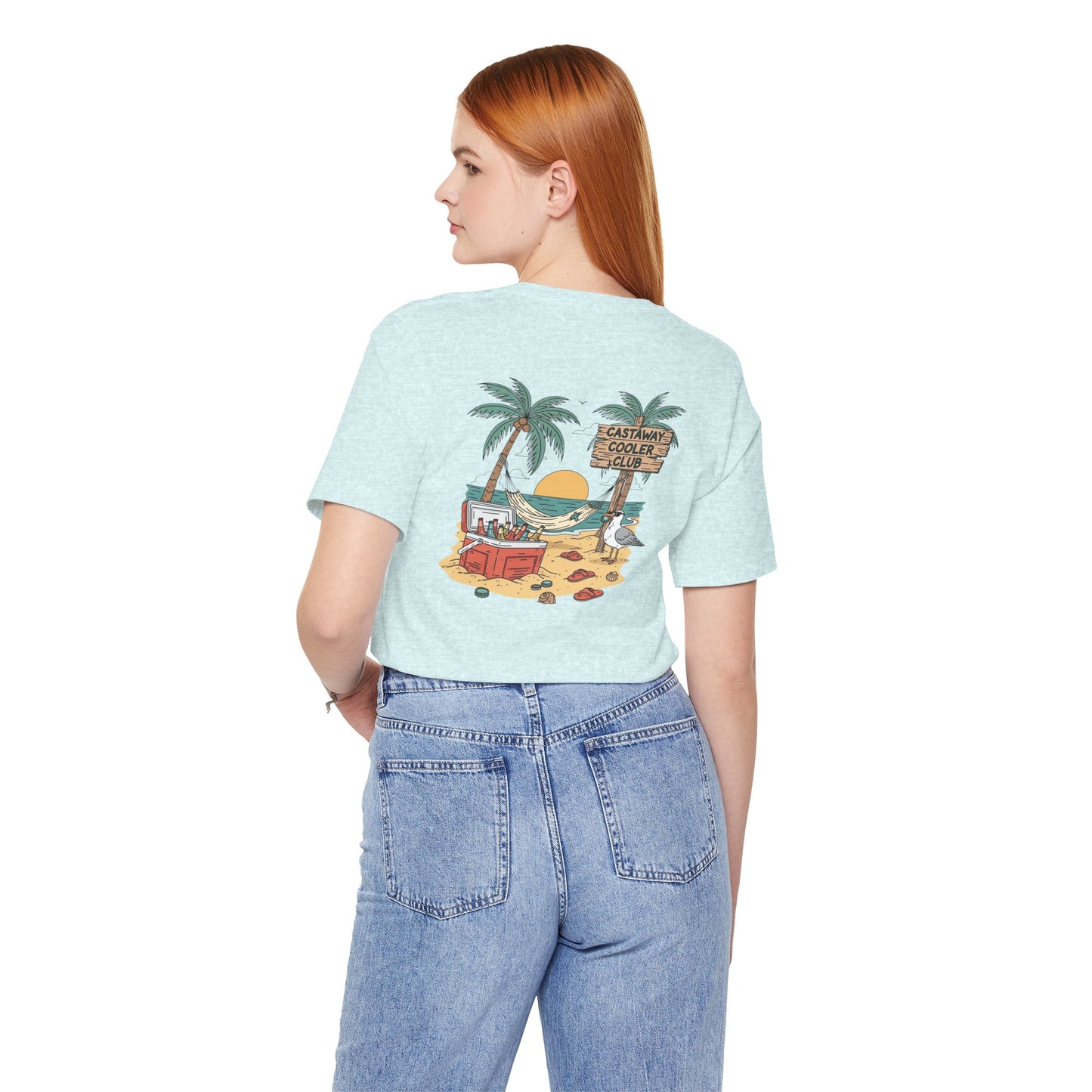 Castaway Cooler Club Tee | Beach Hammock Scene with Palm Trees, Ice Chest, and Sunset - Tropical Island Party Graphic Back Tee (BC3001)
