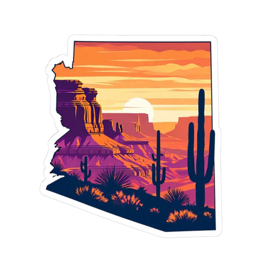 Desert Glow Sticker | Arizona State Outline with Cactus Landscape, Red Rocks, and Sunset Sky – Bold Southwest Desert Vinyl Sticker