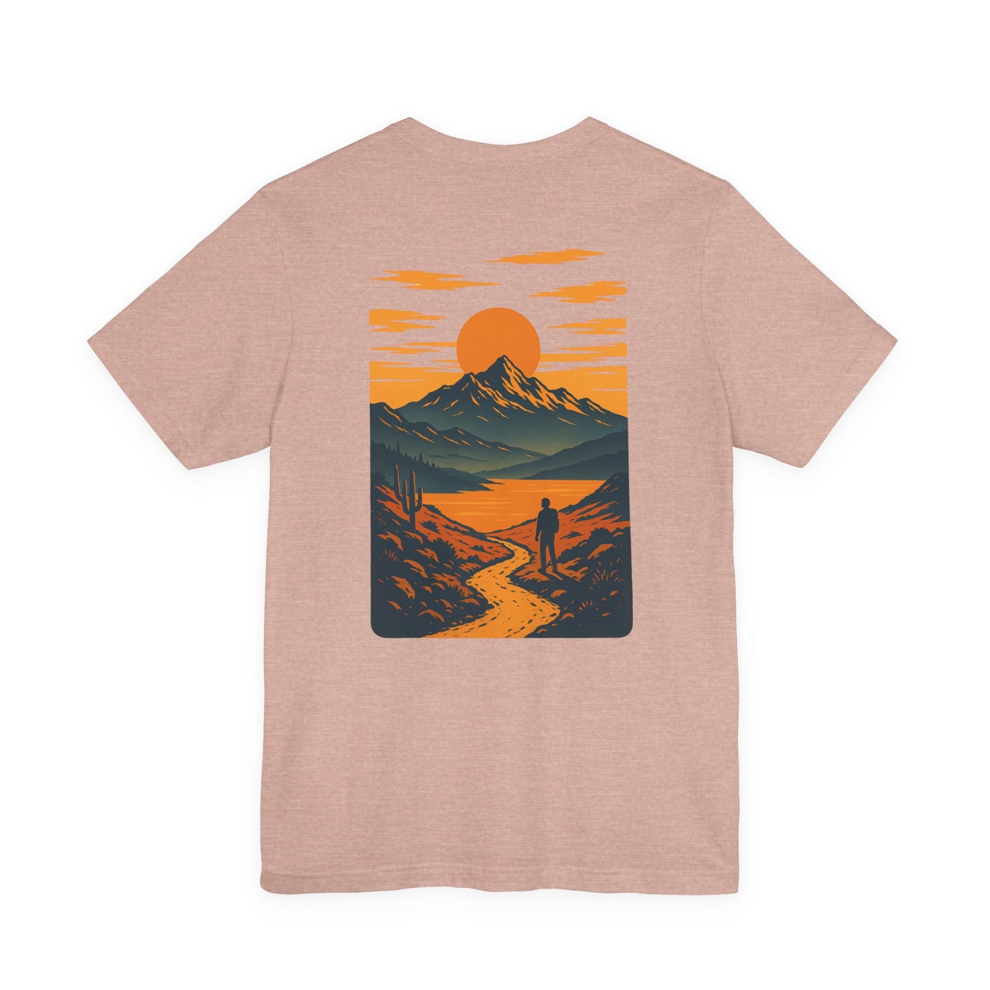 Sunset Range Tee | Vibrant Orange Mountain Landscape with Trail Hiker and Setting Sun - Bold Desert Peak Graphic Tee (BC3001)