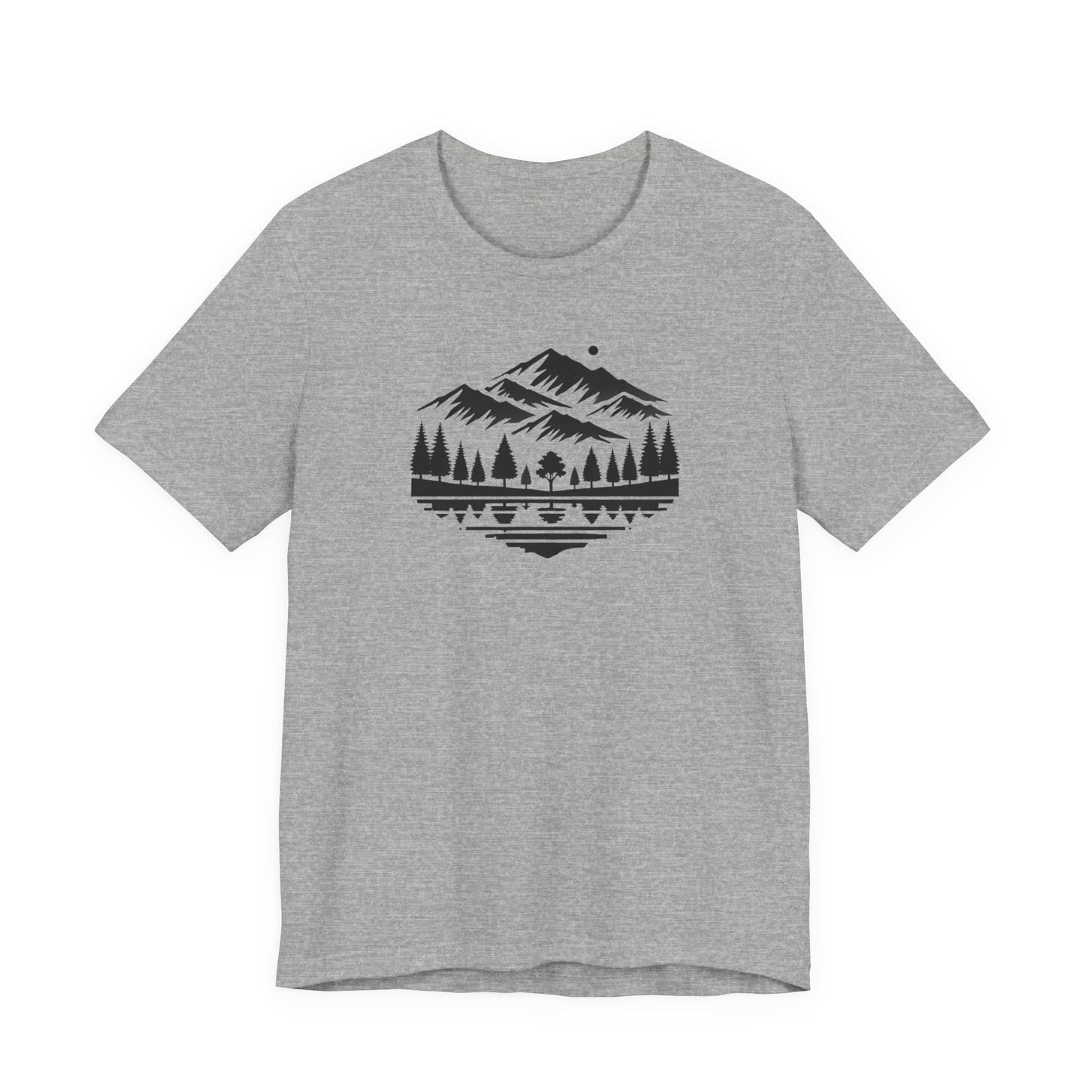 Alpine Reflection Tee | Minimal Mountain Scene with Forest and Lake - Bold Nature Graphic T-Shirt (BC3001)
