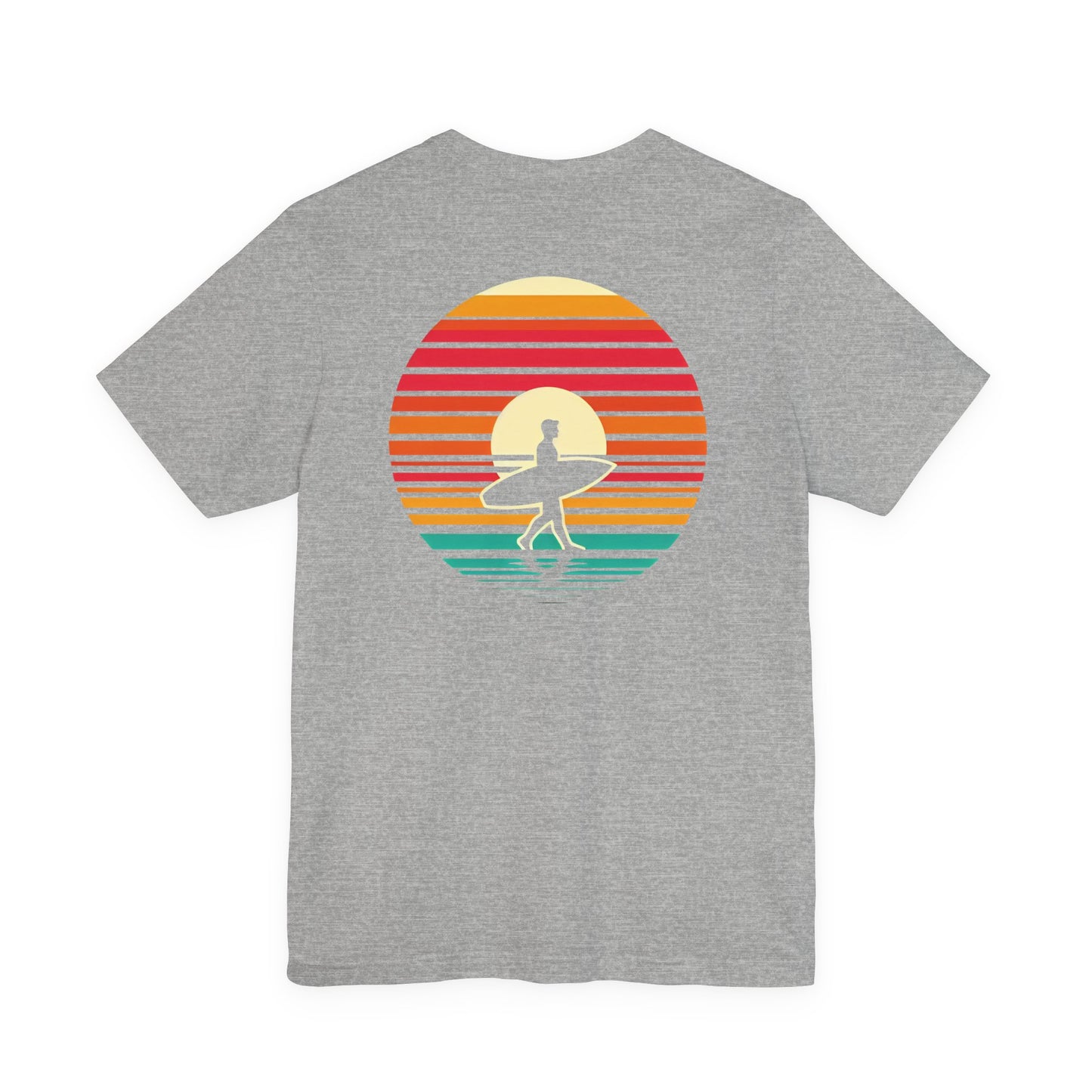 Sunset Surfer Tee | Retro Surf Silhouette with Bold Sunset Stripes - Beach Vibes Graphic Tee (BC3001)
