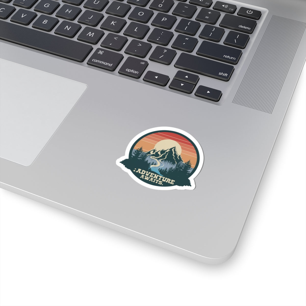 Adventure Awaits Sticker | Retro Mountain Landscape with River and Sunset – Scenic Wilderness Travel Graphic Vinyl Sticker