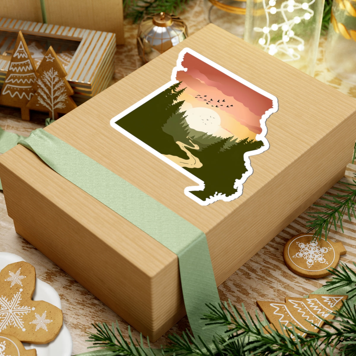 Missouri Wilderness Sticker | Sunrise Trail and Pines in State Silhouette – Ozark Forest Adventure Vinyl Sticker