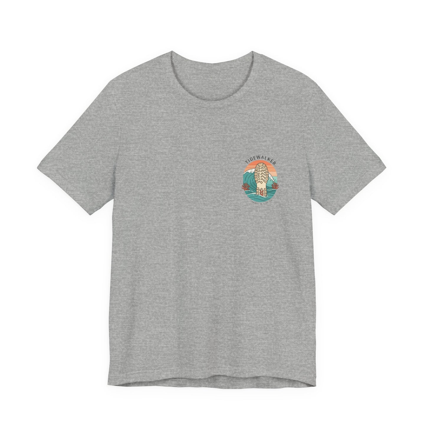Tidewalker Tee | Coastal Trail Footprints Along Sunset Shore - Beach Walk Graphic Back Tee with Front Crest Patch (BC3001)