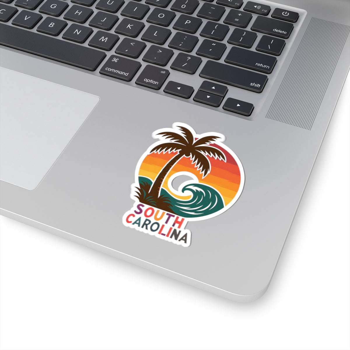 South Carolina Surf Wave Sticker | Retro Palmetto Tree and Sunset Wave Badge – Coastal Carolina Vinyl Sticker