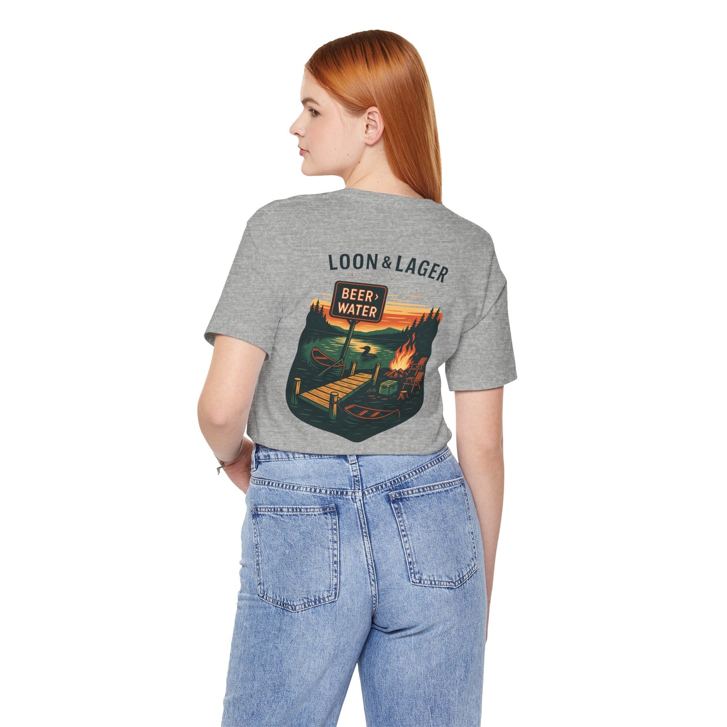 Loon & Lager Tee | Campfire Dock Scene with Canoes, Cooler, and Beer Sign - Playful Northern Lake Night Graphic Back Tee (BC3001)