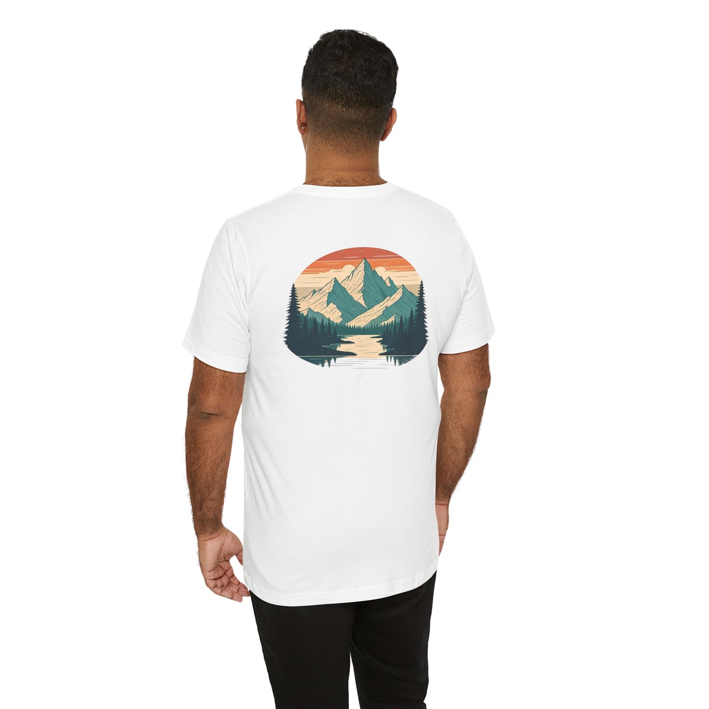 Mountain Horizon Tee | Bold Wilderness Scene with Sunset Peaks and Pine Reflection - Adventure Graphic Shirt (BC3001)