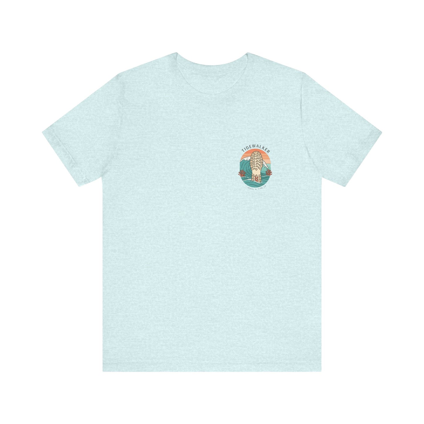 Tidewalker Tee | Coastal Trail Footprints Along Sunset Shore - Beach Walk Graphic Back Tee with Front Crest Patch (BC3001)