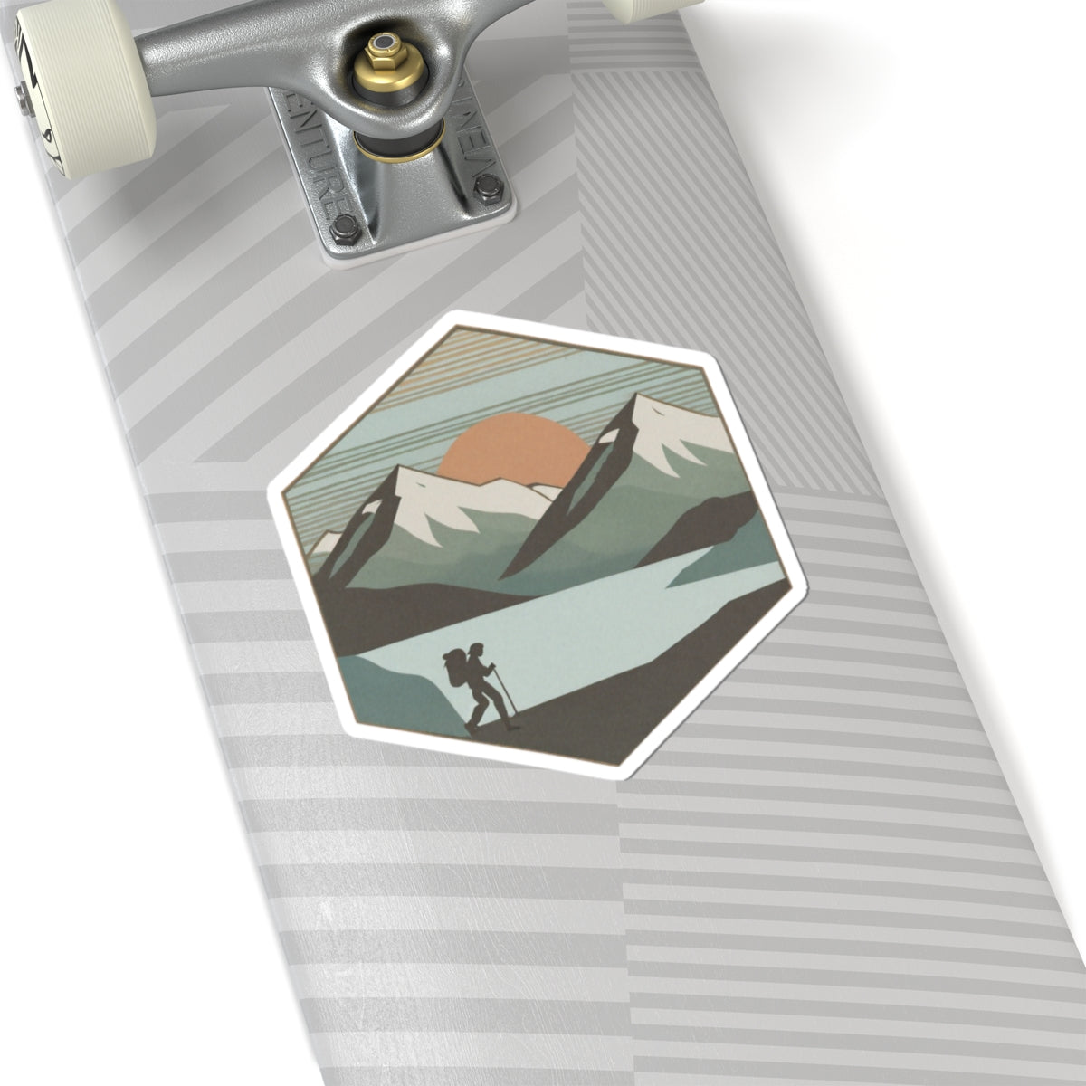 Horizon Hike Sticker | Minimalist Mountain Sunset with Hiker and Lake – Retro Wilderness Trek Graphic Vinyl Sticker