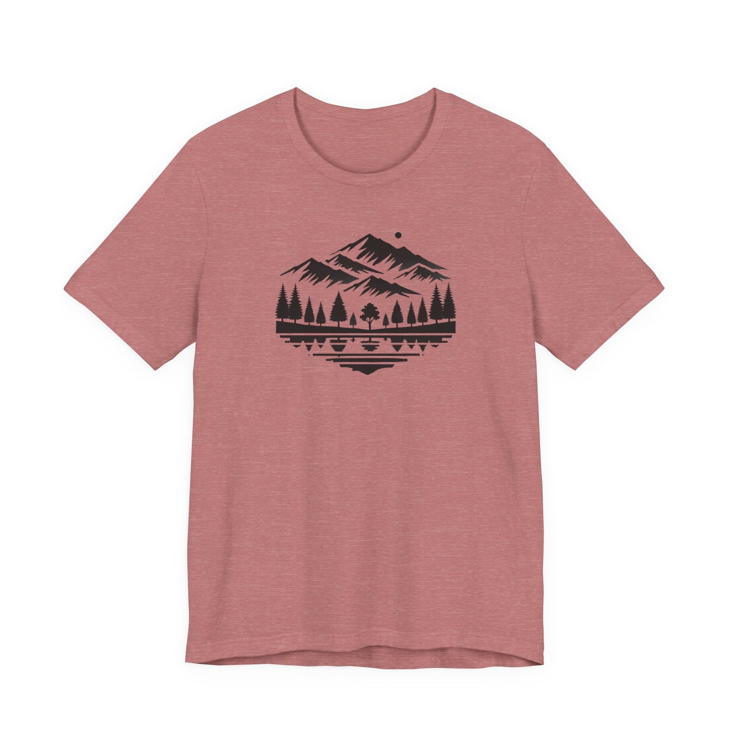 Alpine Reflection Tee | Minimal Mountain Scene with Forest and Lake - Bold Nature Graphic T-Shirt (BC3001)