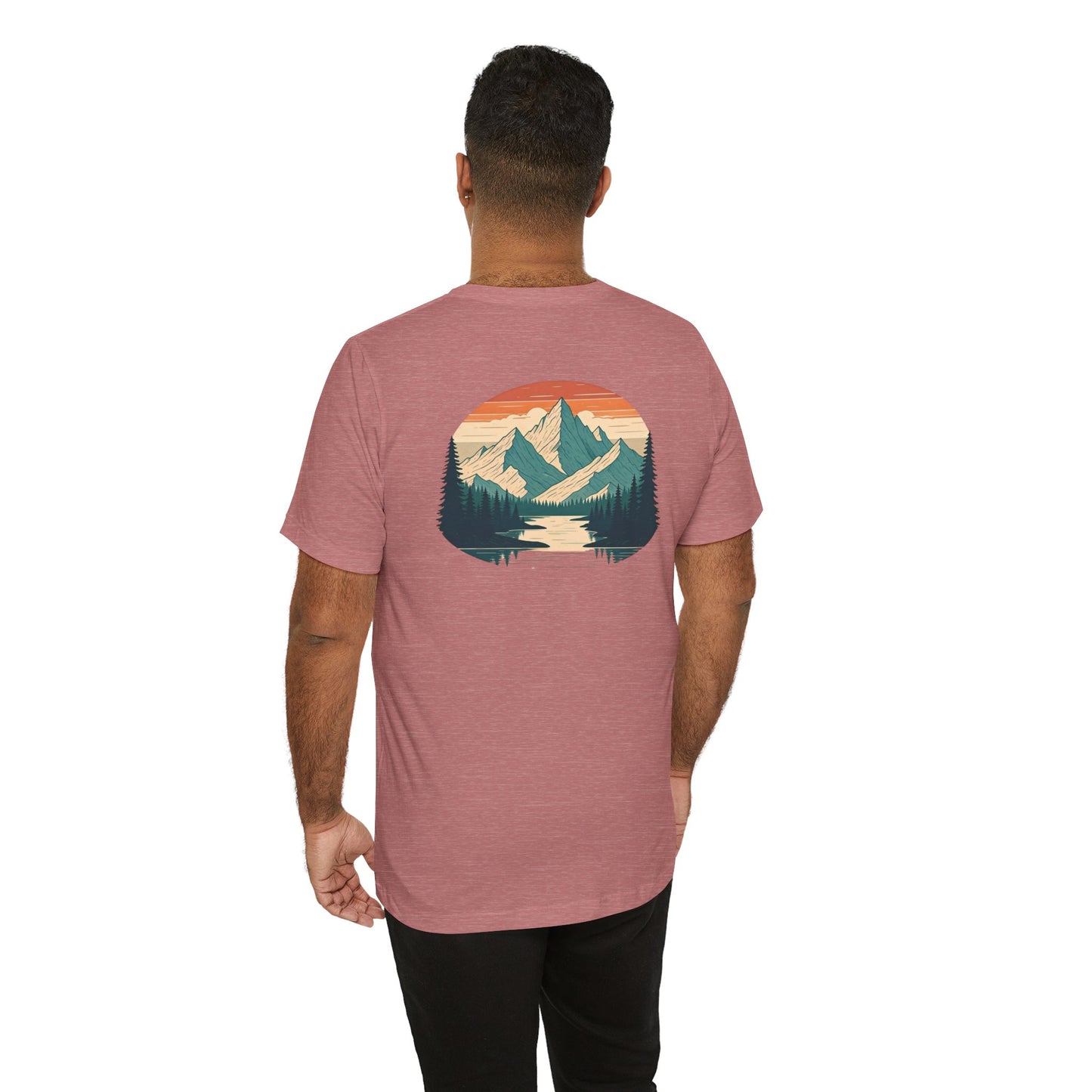 Mountain Horizon Tee | Bold Wilderness Scene with Sunset Peaks and Pine Reflection - Adventure Graphic Shirt (BC3001)