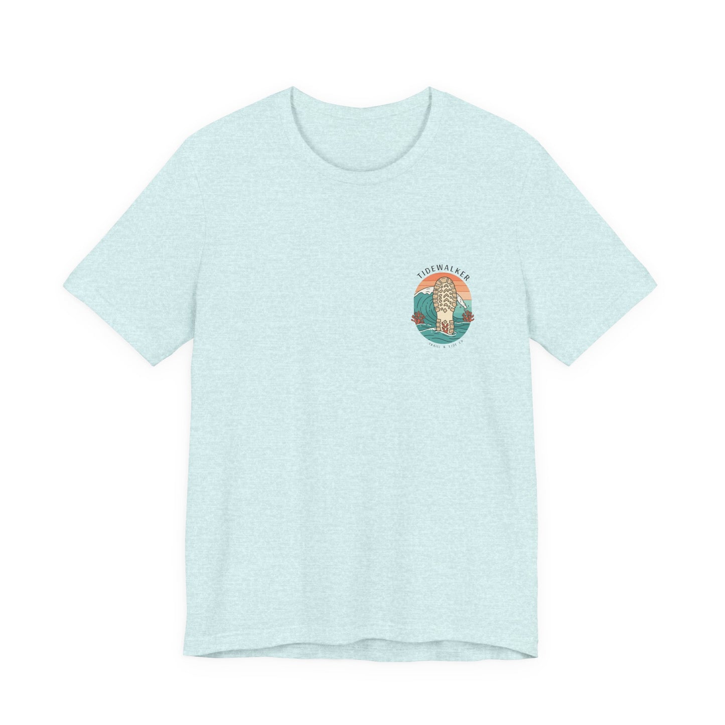 Tidewalker Tee | Coastal Trail Footprints Along Sunset Shore - Beach Walk Graphic Back Tee with Front Crest Patch (BC3001)