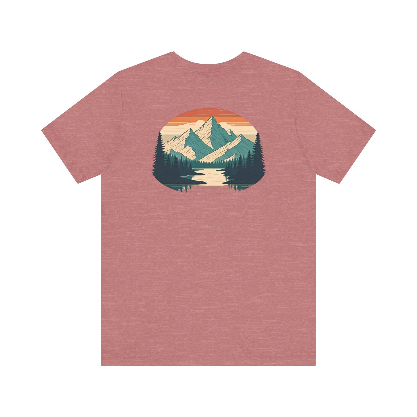 Mountain Horizon Tee | Bold Wilderness Scene with Sunset Peaks and Pine Reflection - Adventure Graphic Shirt (BC3001)