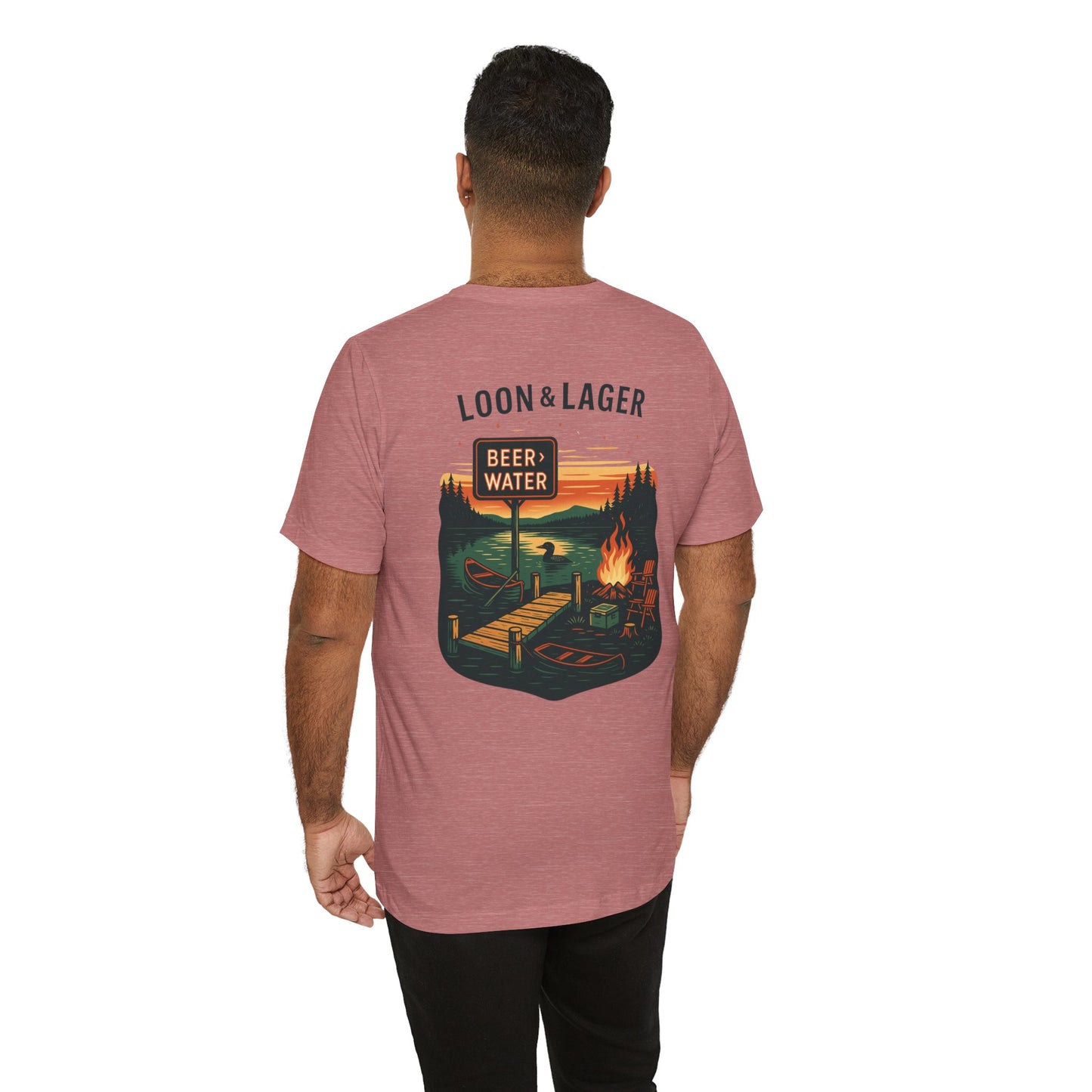 Loon & Lager Tee | Campfire Dock Scene with Canoes, Cooler, and Beer Sign - Playful Northern Lake Night Graphic Back Tee (BC3001)