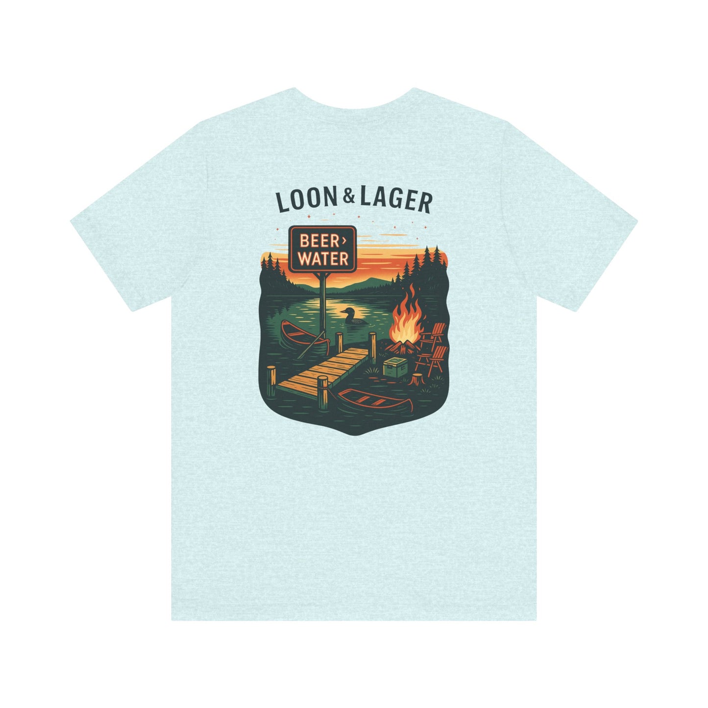 Loon & Lager Tee | Campfire Dock Scene with Canoes, Cooler, and Beer Sign - Playful Northern Lake Night Graphic Back Tee (BC3001)