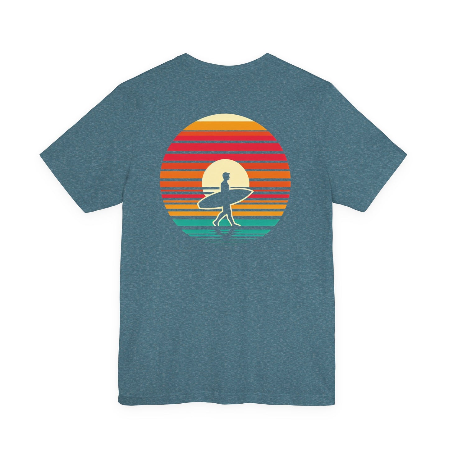 Sunset Surfer Tee | Retro Surf Silhouette with Bold Sunset Stripes - Beach Vibes Graphic Tee (BC3001)