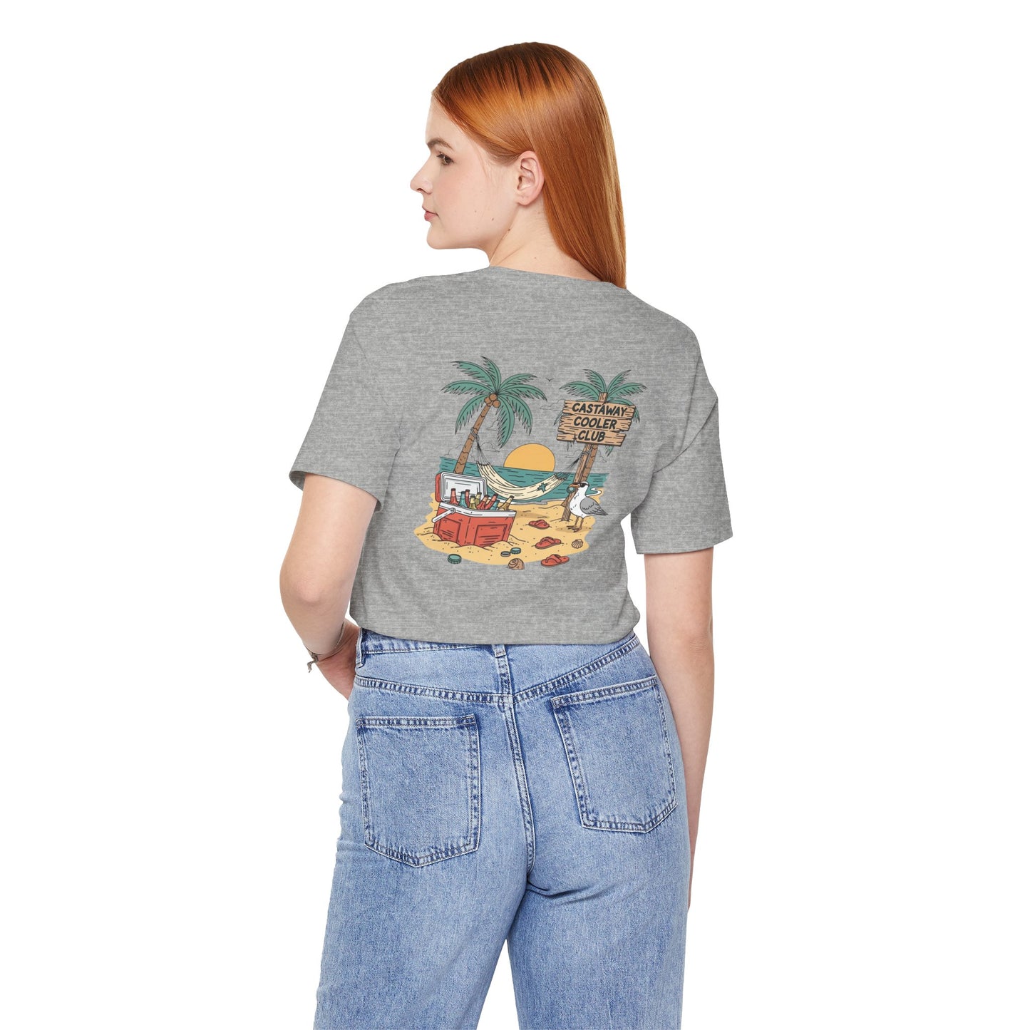 Castaway Cooler Club Tee | Beach Hammock Scene with Palm Trees, Ice Chest, and Sunset - Tropical Island Party Graphic Back Tee (BC3001)