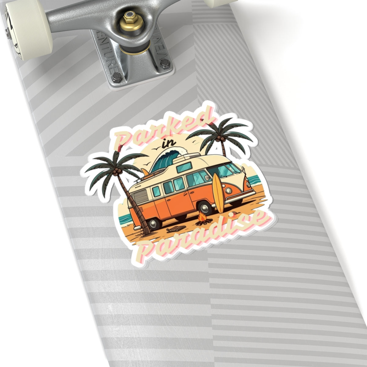 Parked in Paradise Sticker | Retro Camper Van Beach Scene with Palm Trees – Vintage Coastal Adventure Vinyl Sticker