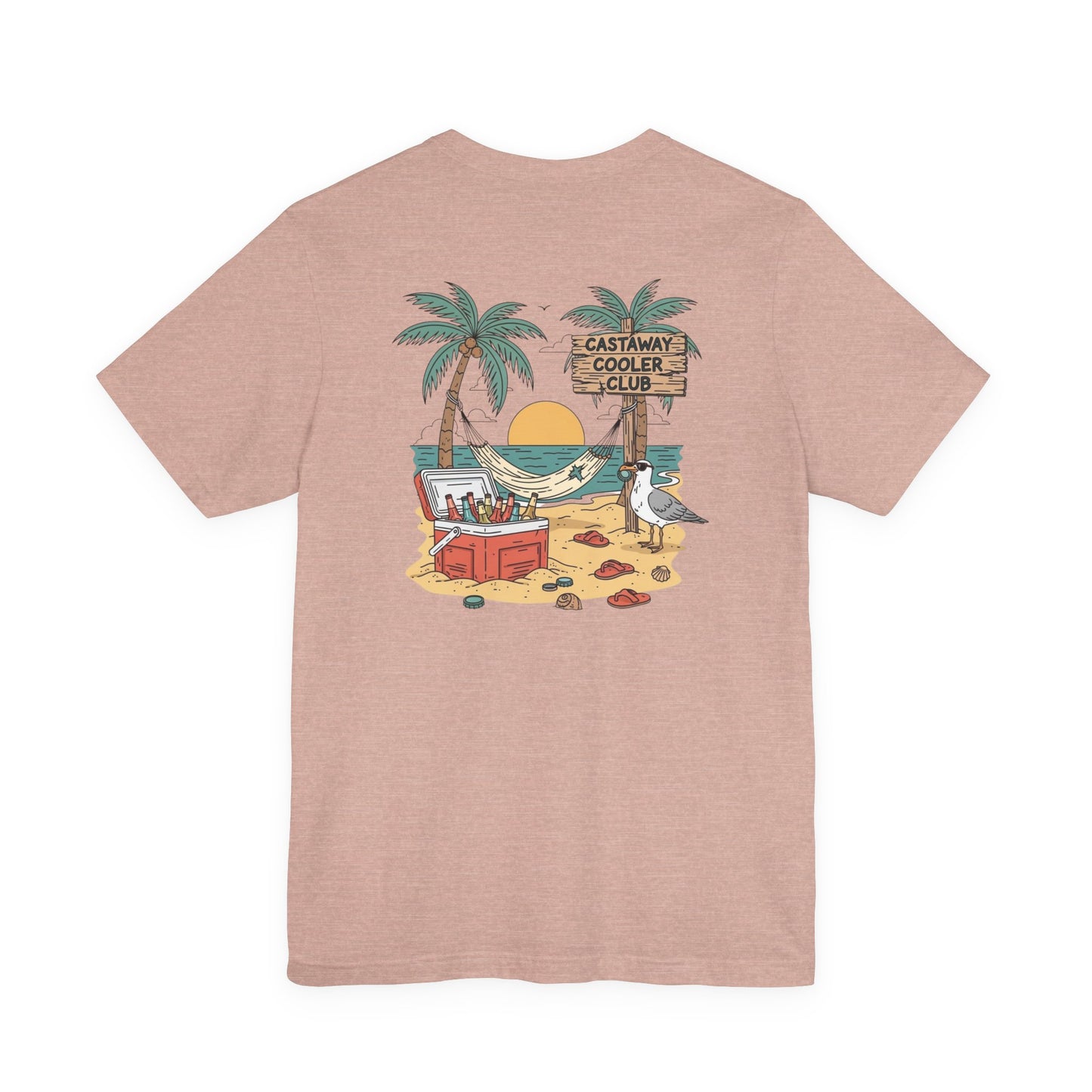 Castaway Cooler Club Tee | Beach Hammock Scene with Palm Trees, Ice Chest, and Sunset - Tropical Island Party Graphic Back Tee (BC3001)