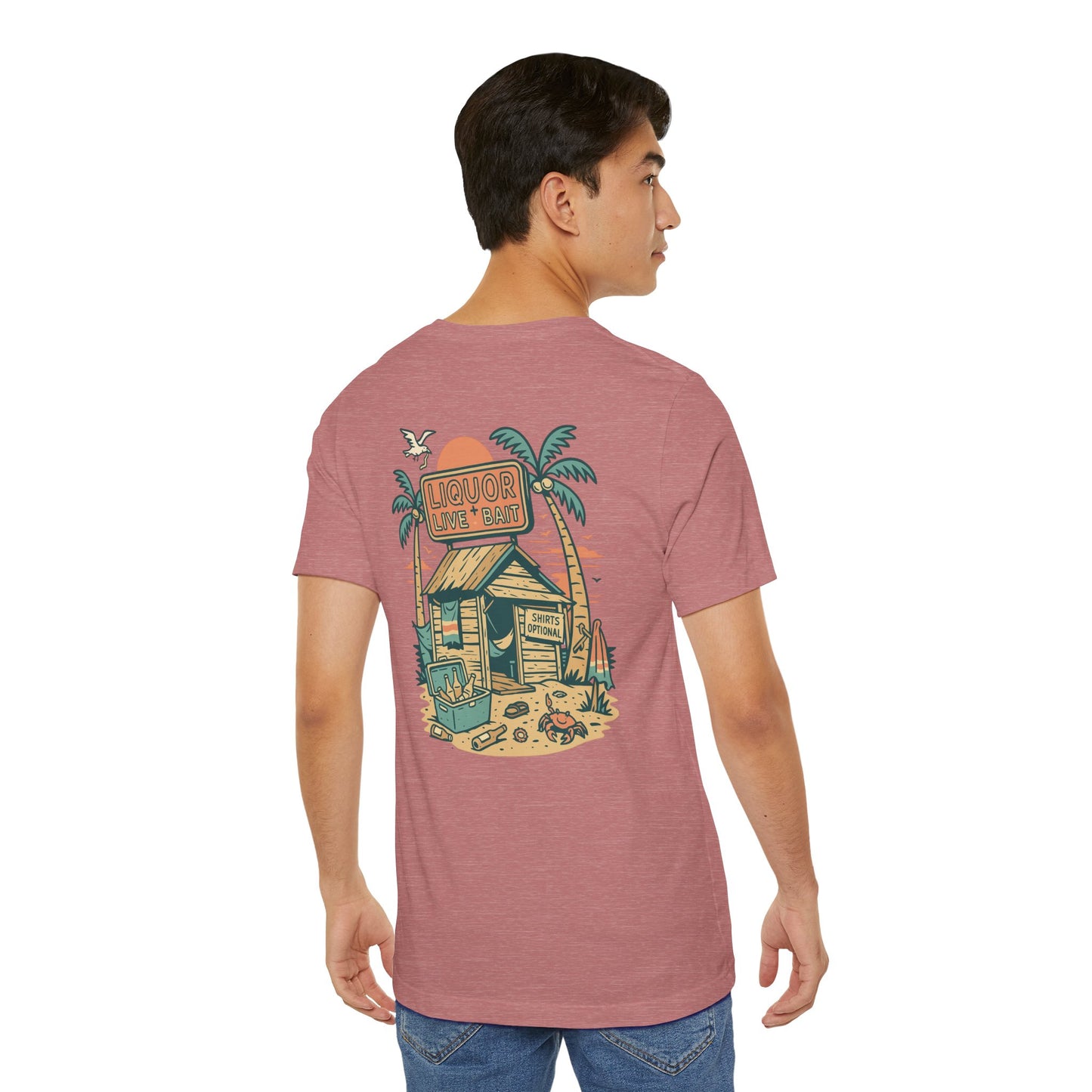 Sunburnt & Buzzed Tee | Tropical Bait Shack with Cooler, Crabs, and Neon Sign - Retro Beach Bar Party Graphic Tee (BC3001)