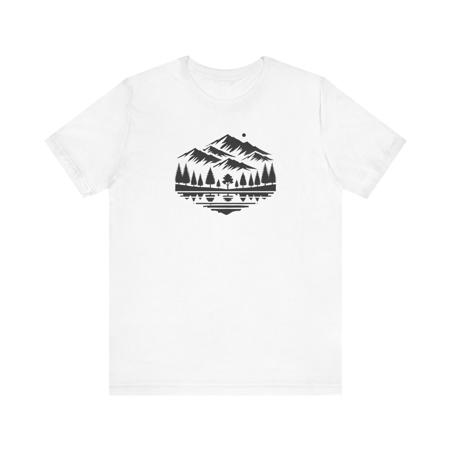 Alpine Reflection Tee | Minimal Mountain Scene with Forest and Lake - Bold Nature Graphic T-Shirt (BC3001)