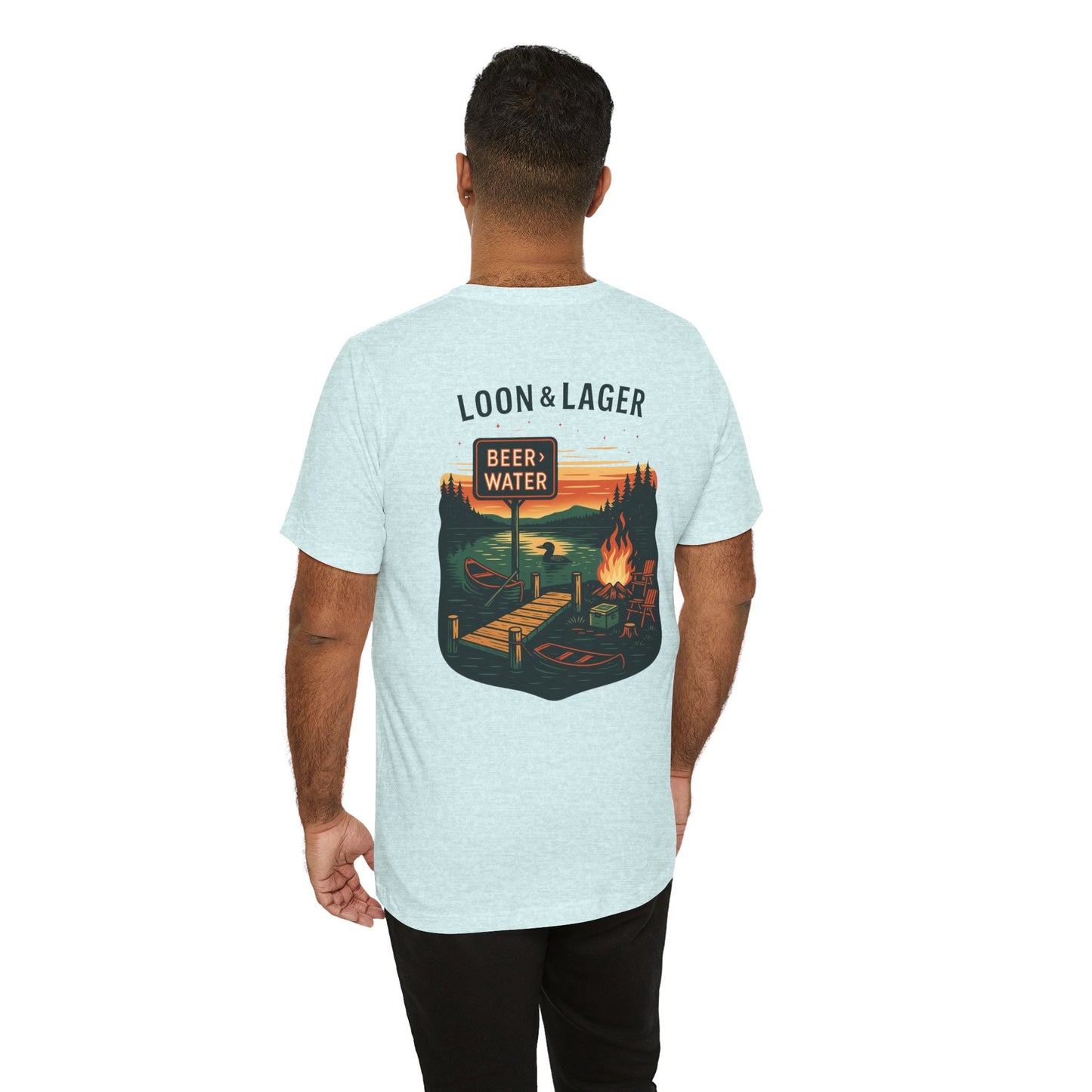 Loon & Lager Tee | Campfire Dock Scene with Canoes, Cooler, and Beer Sign - Playful Northern Lake Night Graphic Back Tee (BC3001)