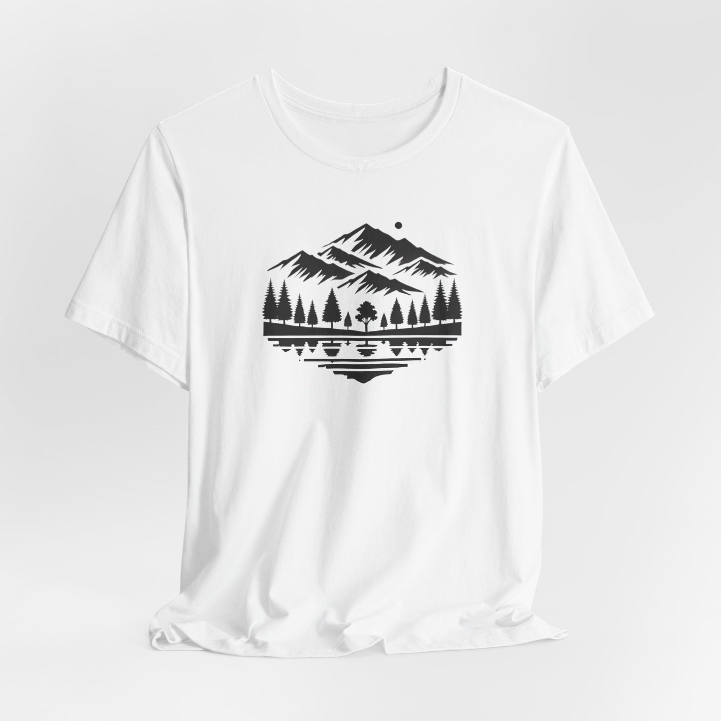 Alpine Reflection Tee | Minimal Mountain Scene with Forest and Lake - Bold Nature Graphic T-Shirt (BC3001)