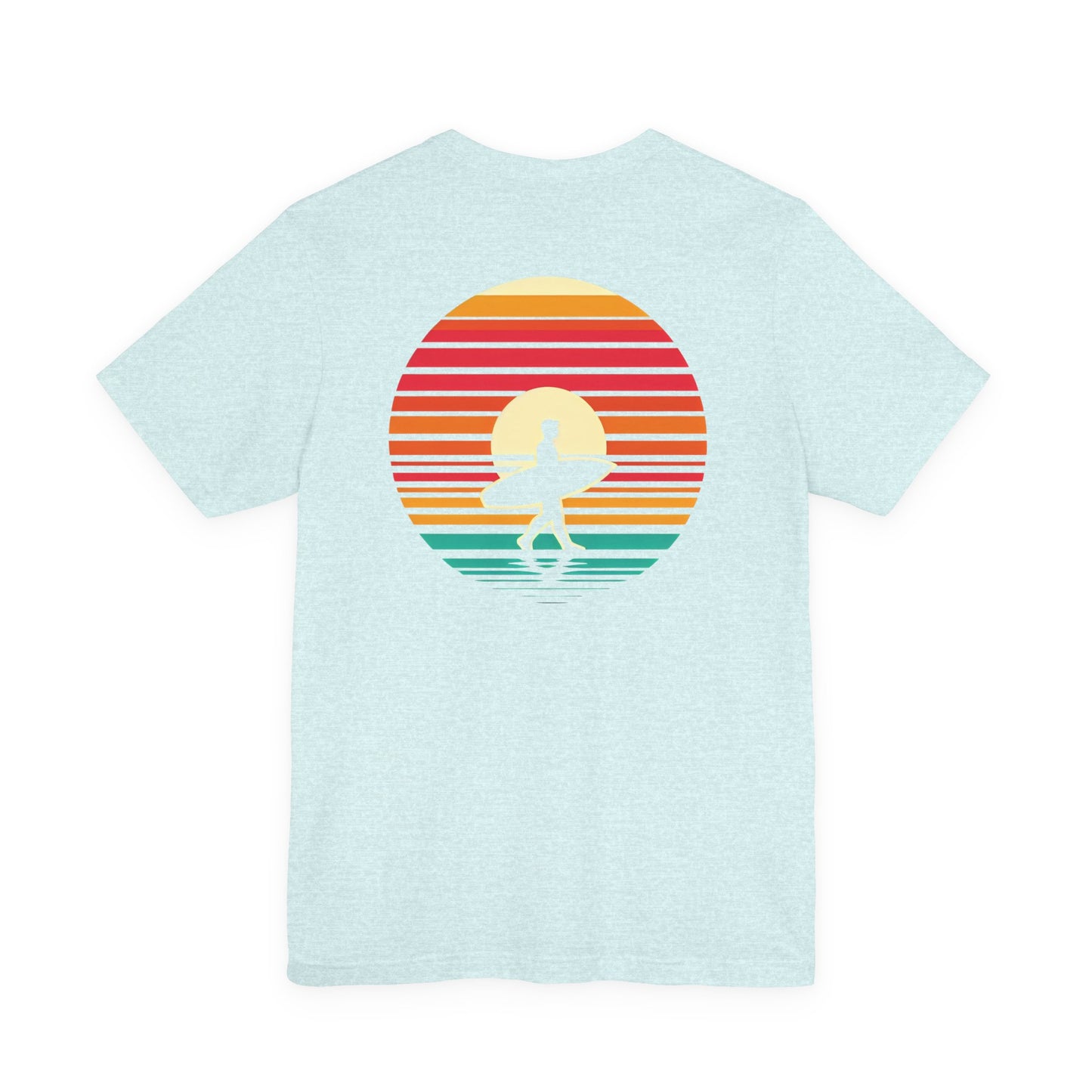 Sunset Surfer Tee | Retro Surf Silhouette with Bold Sunset Stripes - Beach Vibes Graphic Tee (BC3001)