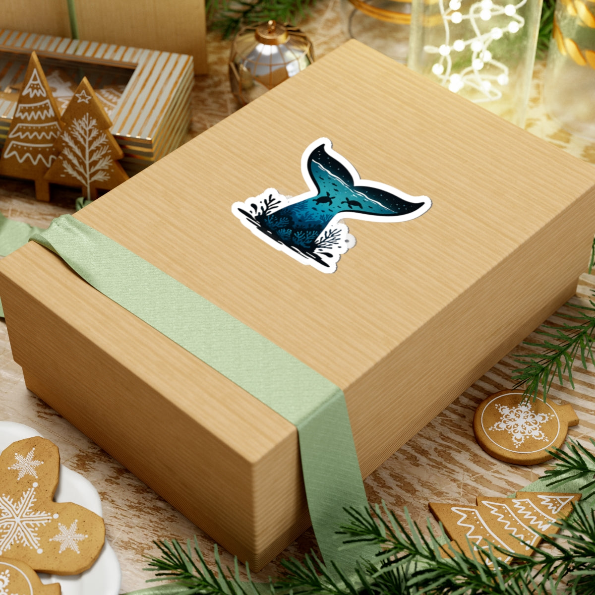 Sea Turtle Trek Sticker | Underwater Ocean Scene Inside Whale Tail - Marine Wildlife Vinyl Sticker
