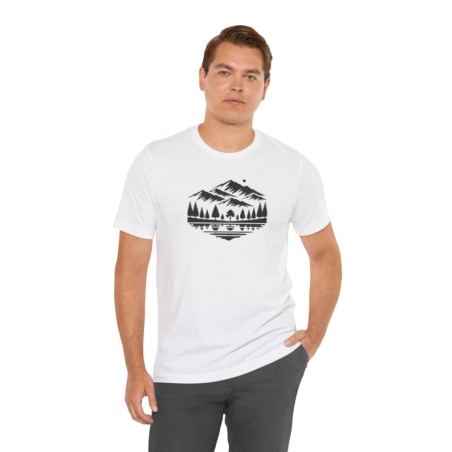 Alpine Reflection Tee | Minimal Mountain Scene with Forest and Lake - Bold Nature Graphic T-Shirt (BC3001)