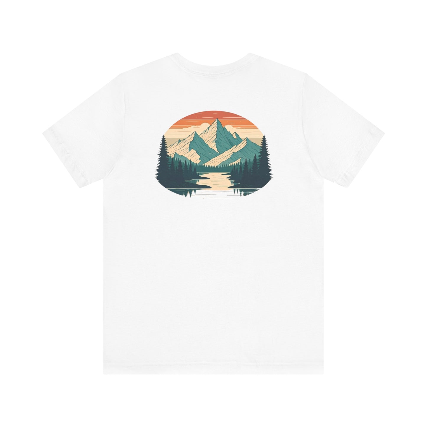 Mountain Horizon Tee | Bold Wilderness Scene with Sunset Peaks and Pine Reflection - Adventure Graphic Shirt (BC3001)