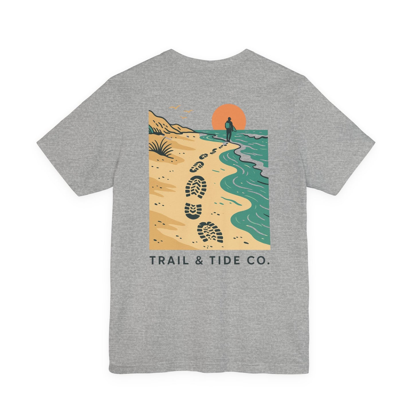 Tidewalker Tee | Coastal Trail Footprints Along Sunset Shore - Beach Walk Graphic Back Tee with Front Crest Patch (BC3001)
