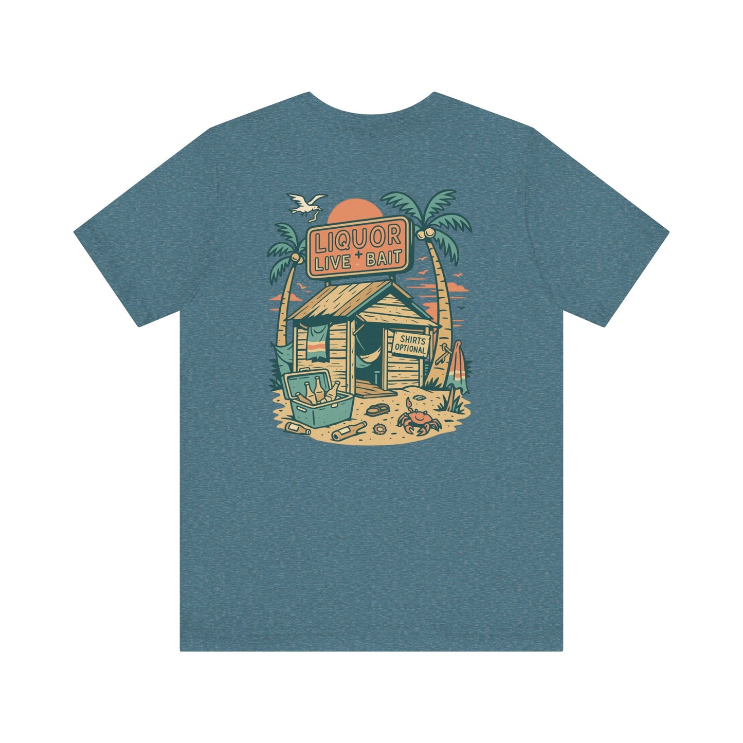 Sunburnt & Buzzed Tee | Tropical Bait Shack with Cooler, Crabs, and Neon Sign - Retro Beach Bar Party Graphic Tee (BC3001)