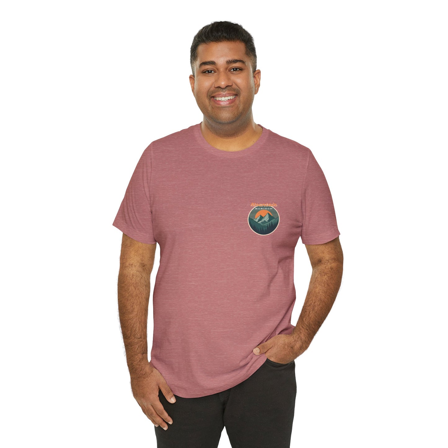 Mountain Horizon Tee | Bold Wilderness Scene with Sunset Peaks and Pine Reflection - Adventure Graphic Shirt (BC3001)