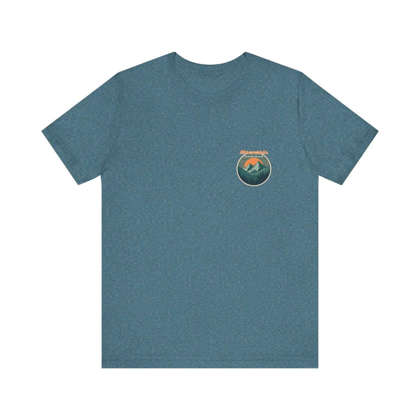 Mountain Horizon Tee | Bold Wilderness Scene with Sunset Peaks and Pine Reflection - Adventure Graphic Shirt (BC3001)