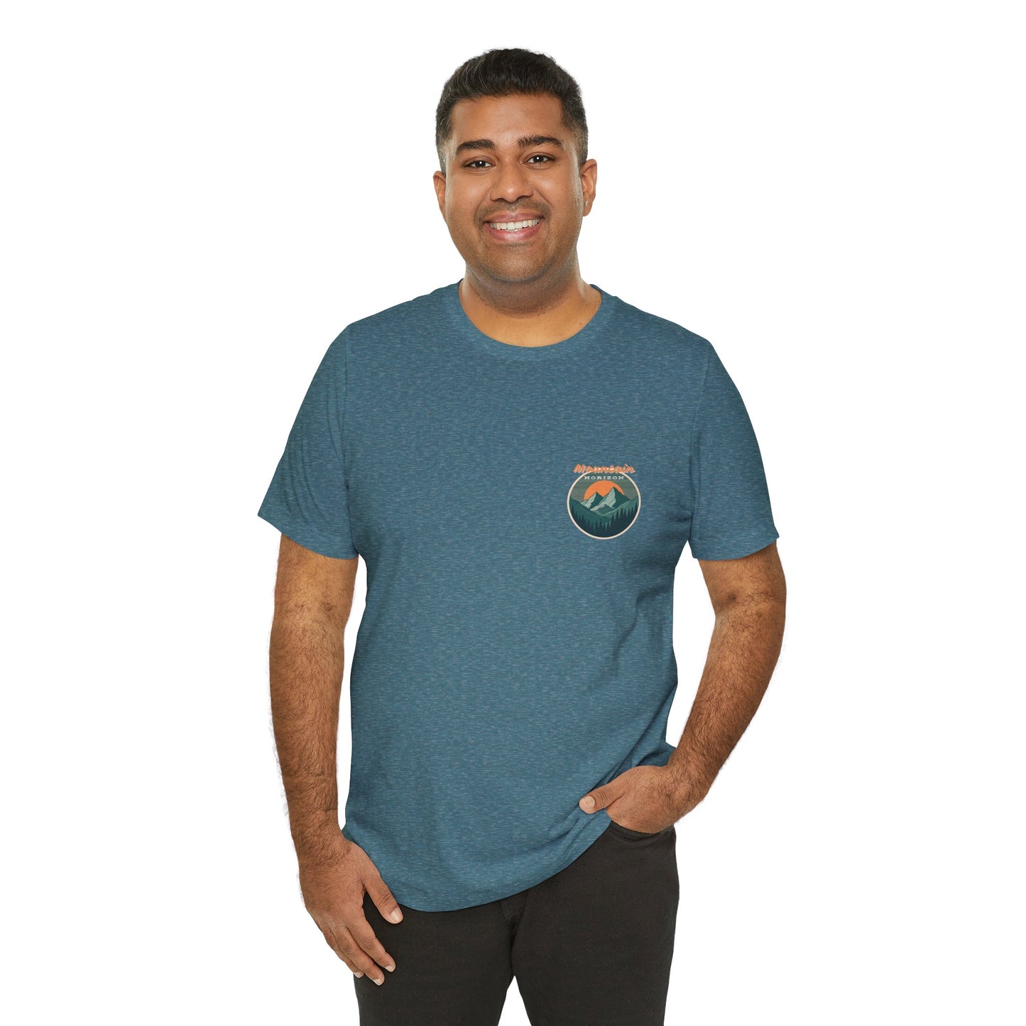 Mountain Horizon Tee | Bold Wilderness Scene with Sunset Peaks and Pine Reflection - Adventure Graphic Shirt (BC3001)