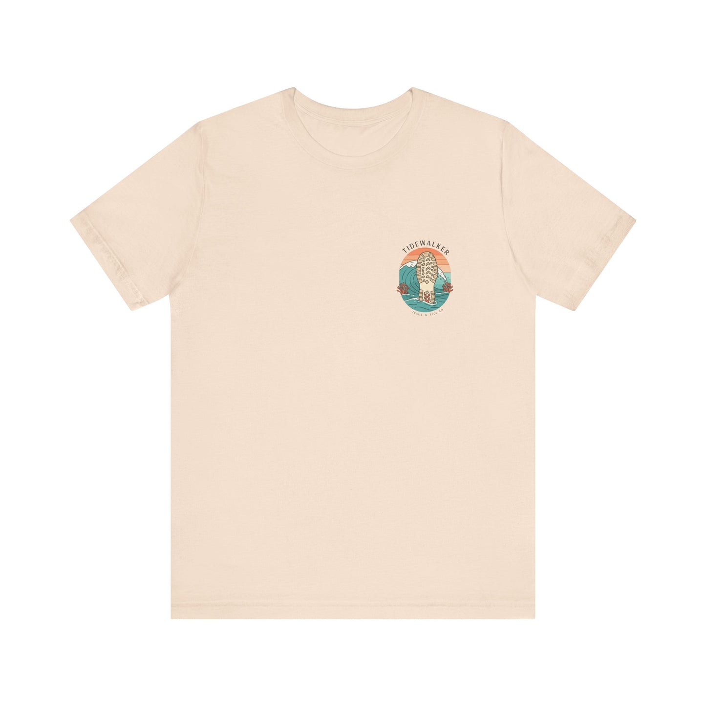 Tidewalker Tee | Coastal Trail Footprints Along Sunset Shore - Beach Walk Graphic Back Tee with Front Crest Patch (BC3001)