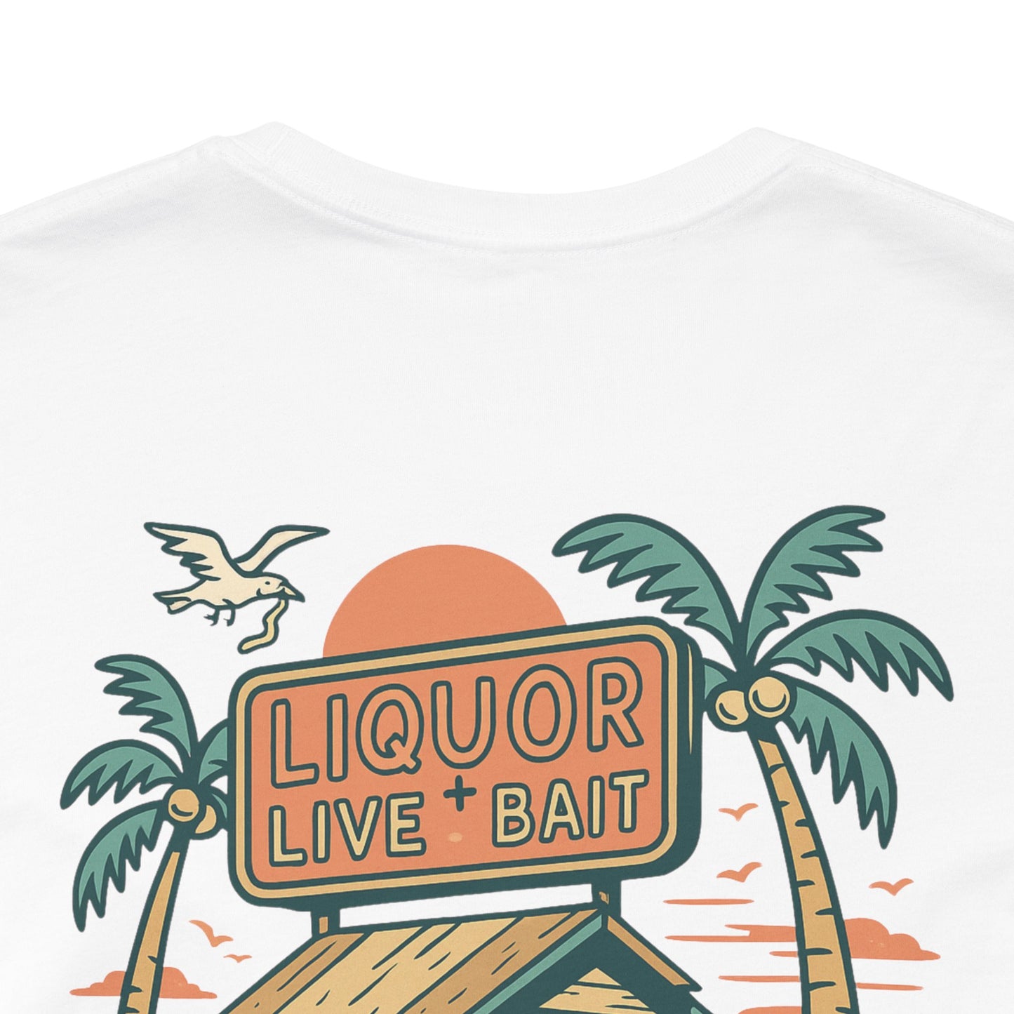 Sunburnt & Buzzed Tee | Tropical Bait Shack with Cooler, Crabs, and Neon Sign - Retro Beach Bar Party Graphic Tee (BC3001)