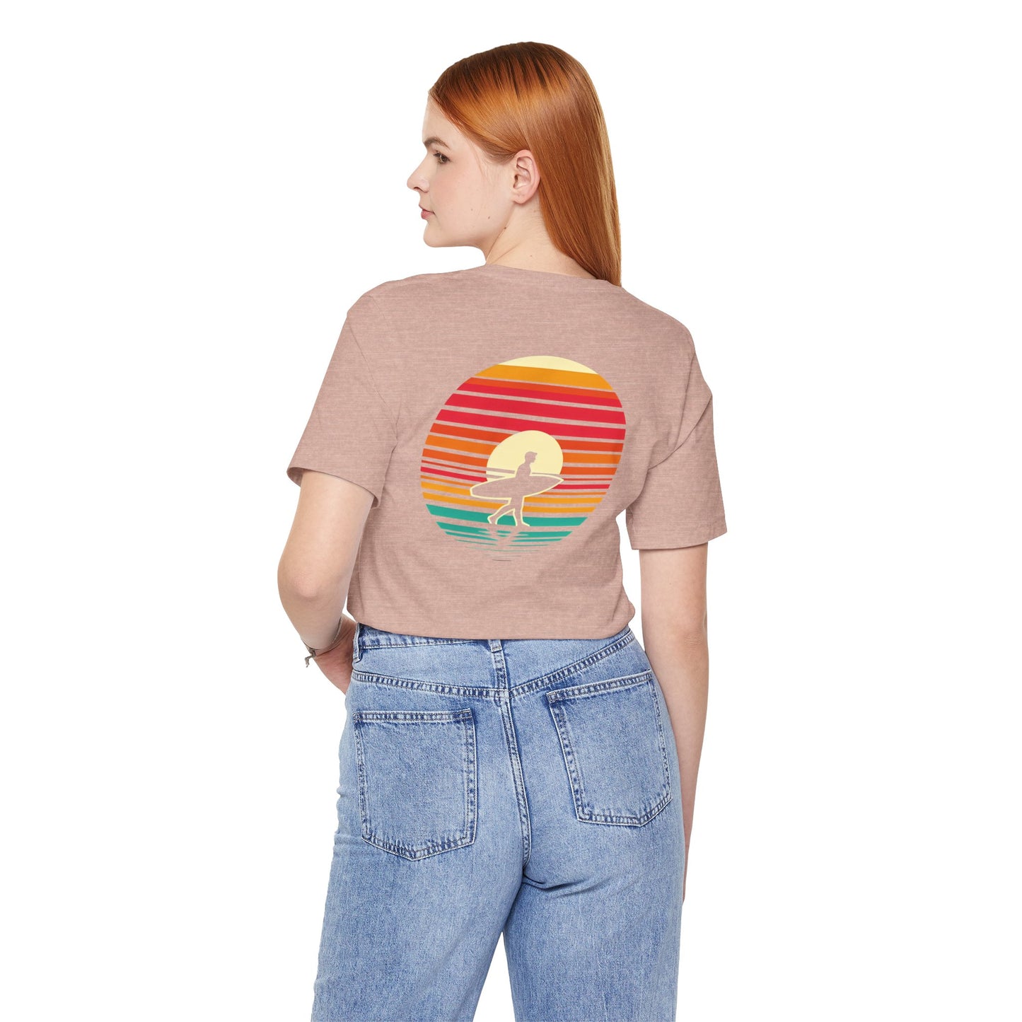 Sunset Surfer Tee | Retro Surf Silhouette with Bold Sunset Stripes - Beach Vibes Graphic Tee (BC3001)