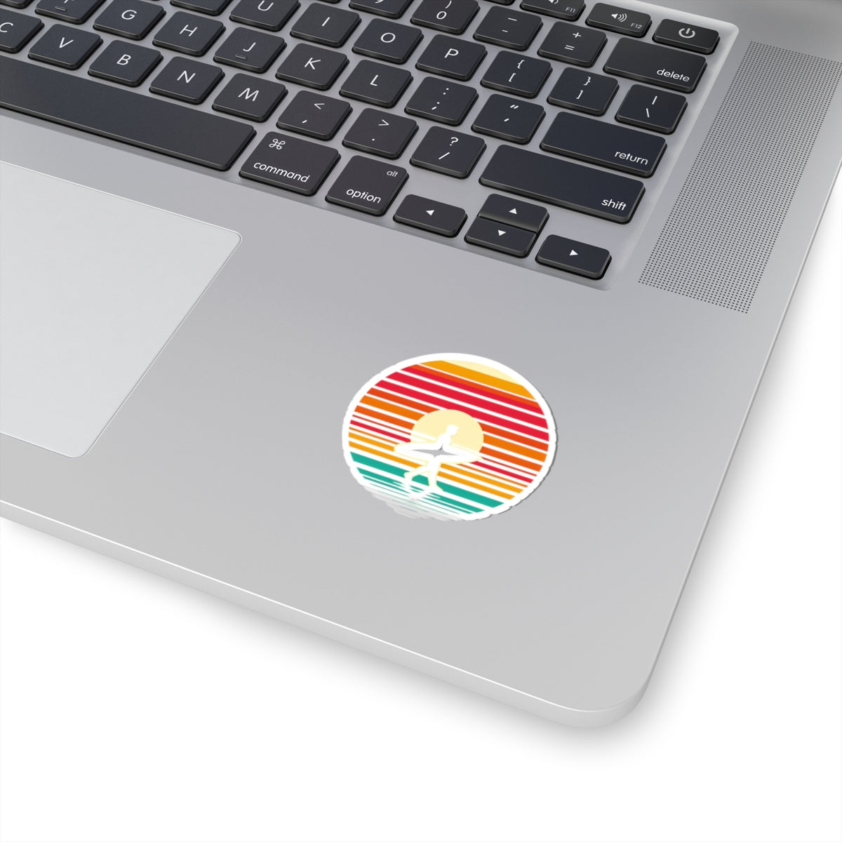 Coastal Stride Sticker | Retro Sunset with Surfer Silhouette – Bold Minimalist Beach Walk Graphic Vinyl Sticker